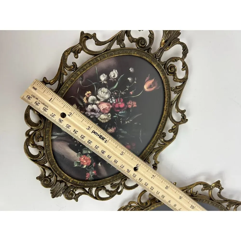 Vintage Ornate Brass Oval Frame Floral Art Made in Italy Set of 2 Convex Glass